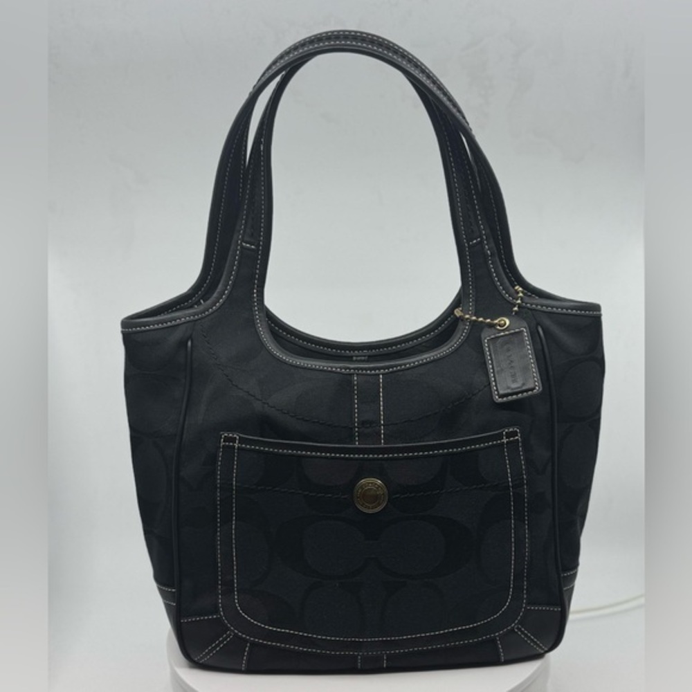 Coach Black Jacquard Signature Ergo Shoulder Bag Tote with Leather Trim EUC